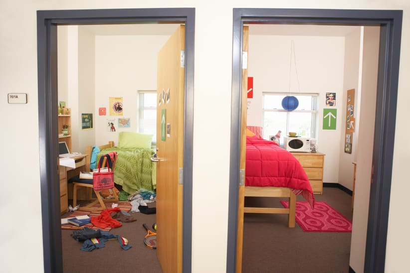 One neat and one messy dorm room.