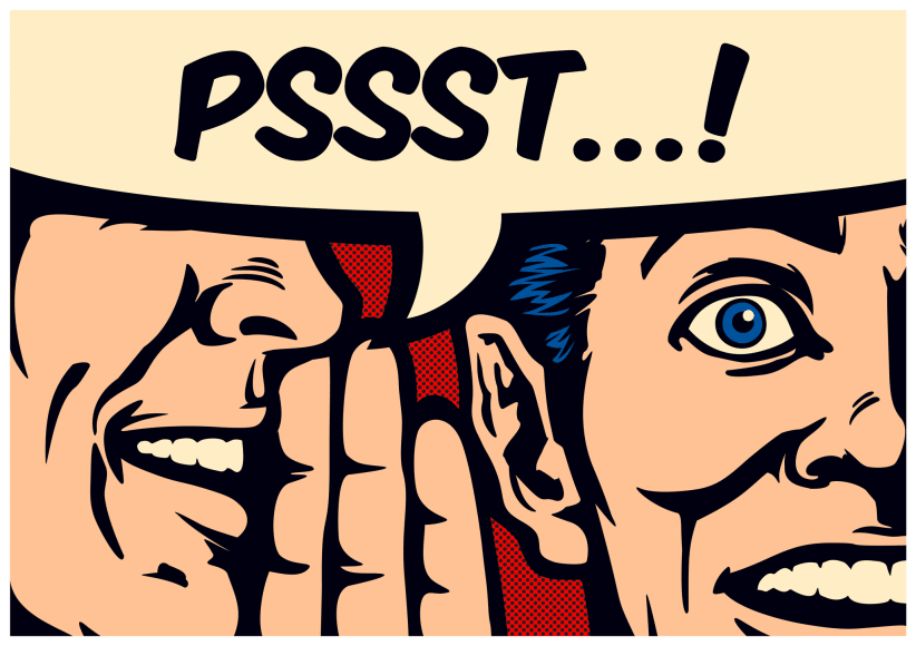 Pop Art style comic book panel gossip man whispering secret or news in ear of surprised person with speech bubble, rumour, word of mouth, fake news concept vector illustration