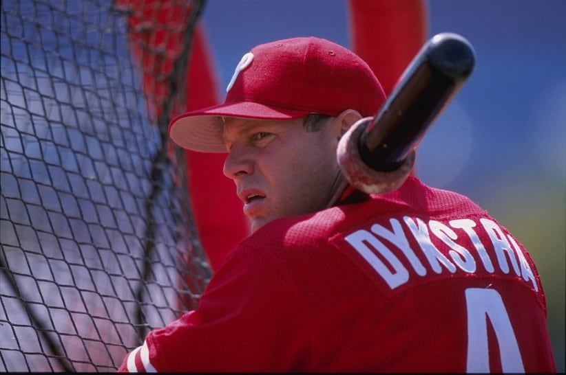 7 Mar 1998:  Outfielder Lenny Dykstra of the Philadelphia Phillies in action during a spring training game against the Cincinnati Reds at the Ed Smith Stadium in Sarasota, Florida. Mandatory Credit: Rick Stewart  /Allsport