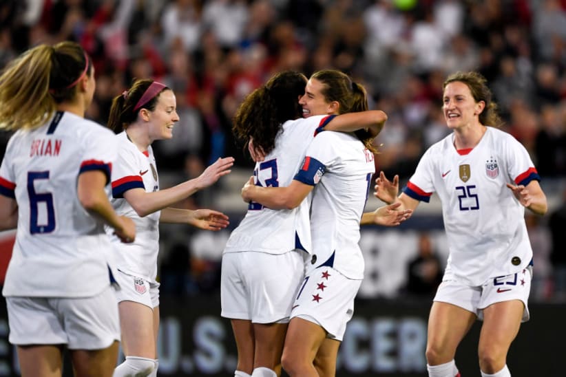 JACKSONVILLE, FLORIDA - NOVEMBER 10: Christen Press #23 of the U.S. woman's national soccer team and Tobin Heath #17 react after a goal during the second half against the Costa Rica woman's national soccer team at TIAA Bank Field on November 10,2019 in Jacksonville, Florida. (Photo by Douglas P. DeFelice/Getty Images)