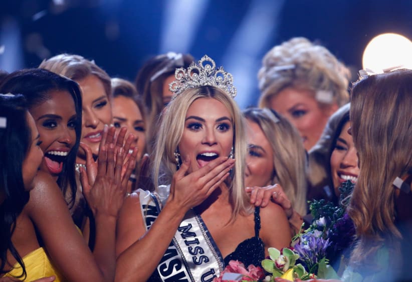Miss Nebraska Sarah Rose Summers celebrates after winning the 2018 Miss USA Competition at George's Pond at Hirsch Coliseum on May 21, 2018 in Shreveport, Louisiana.  (Photo by Matt Sullivan/Getty Images)