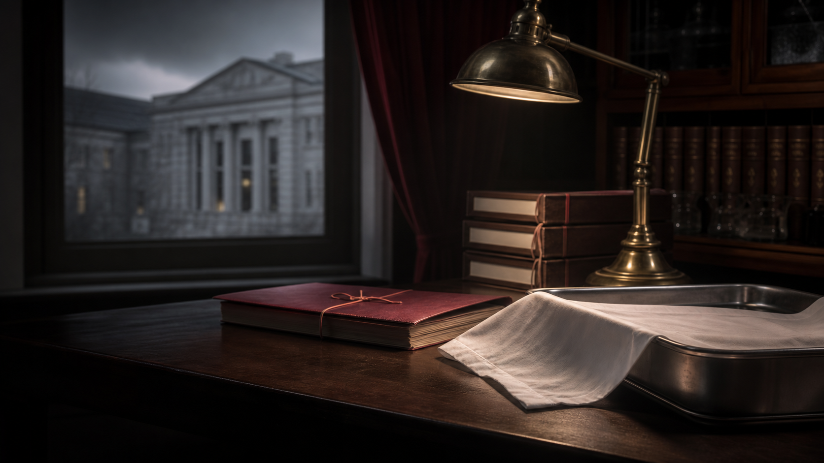 A dimly lit medical-study room with a covered stainless-steel tray, archival case files, and a brass desk lamp, with a blurred stone academic building in the background.
