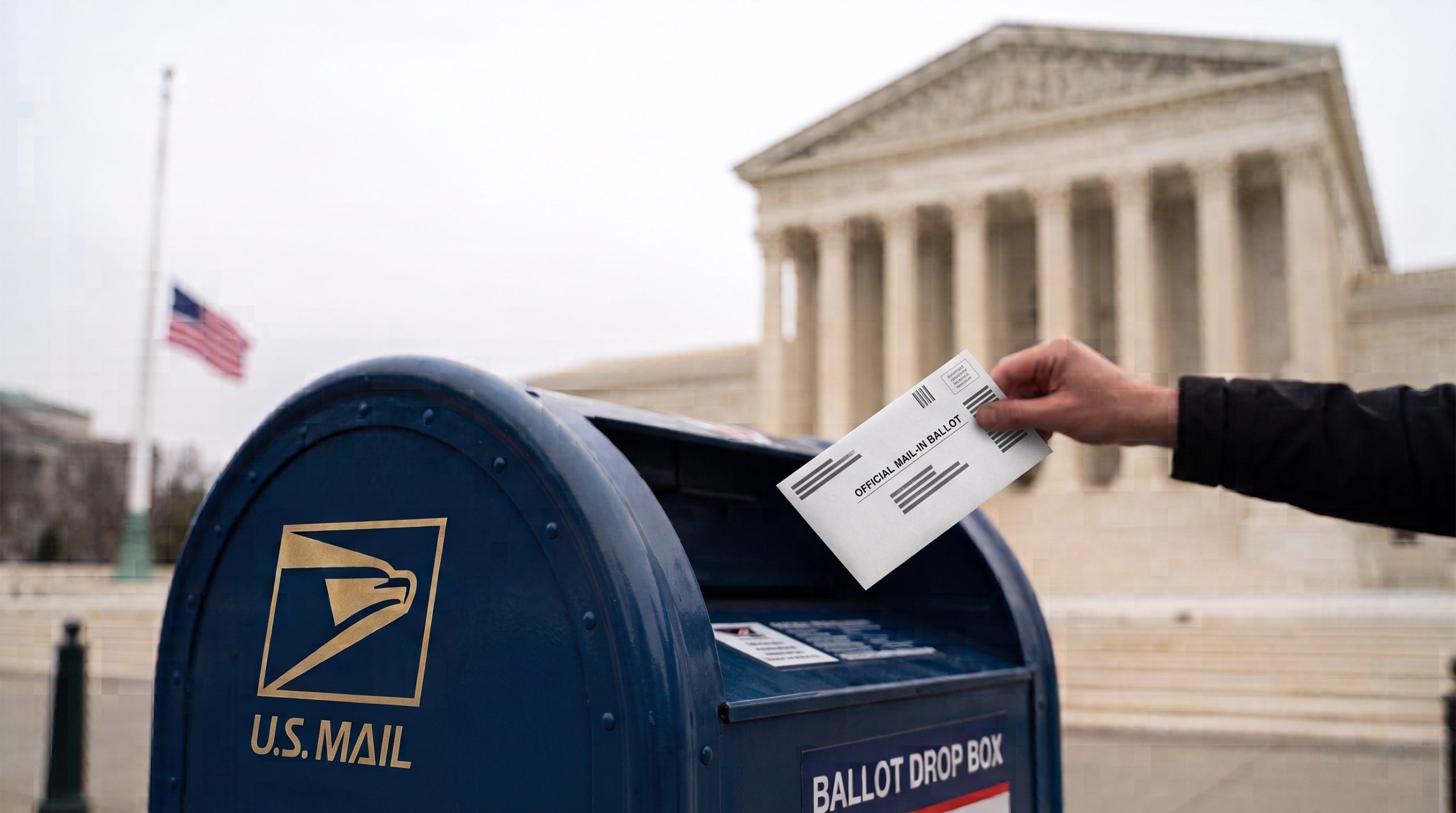 Here is an alt text for the cover image:  A close-up shot of a person dropping a white envelope labeled "OFFICIAL MAIL-IN BALLOT" into a classic blue U.S. Postal Service collection box marked "BALLOT DROP BOX." In the softly blurred background stands the stone facade and grand columns of the U.S. Supreme Court building under an overcast sky, with an American flag flying on a flagpole.