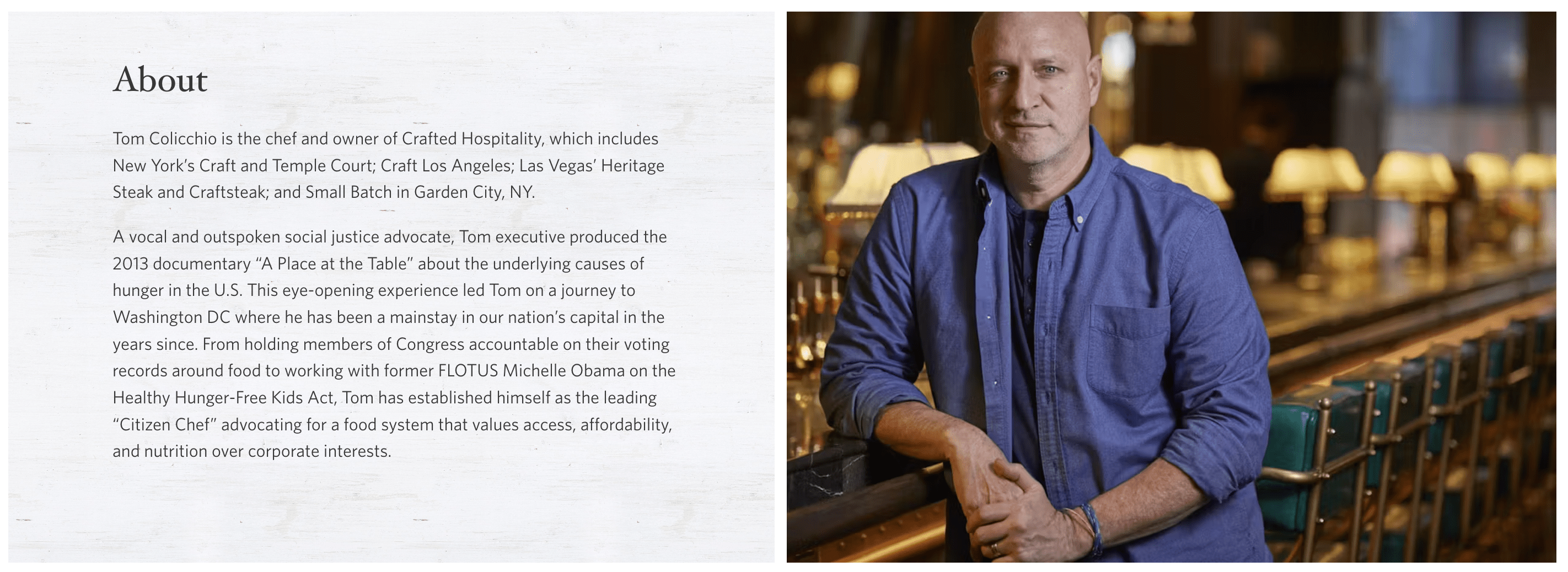 Biography of Tom Colicchio. He is wearing a blue buttoned shirt.